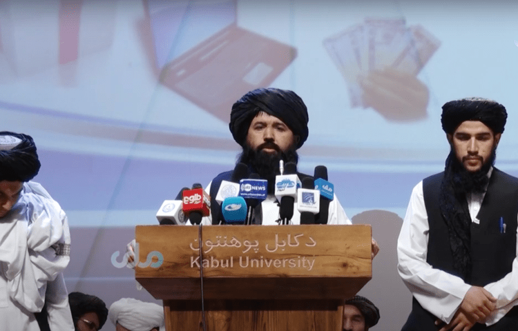 The Taliban’s Minister of Higher Education Shaikh Neda Mohammad Nadeem, who barred similar filming of similar speaking events of his, speaks at Kabul University on June 5, 2024. (Screenshot: RTA/YouTube)